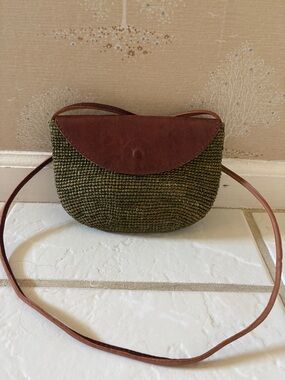Olive Woven Crossbody with Brown Leather Flap